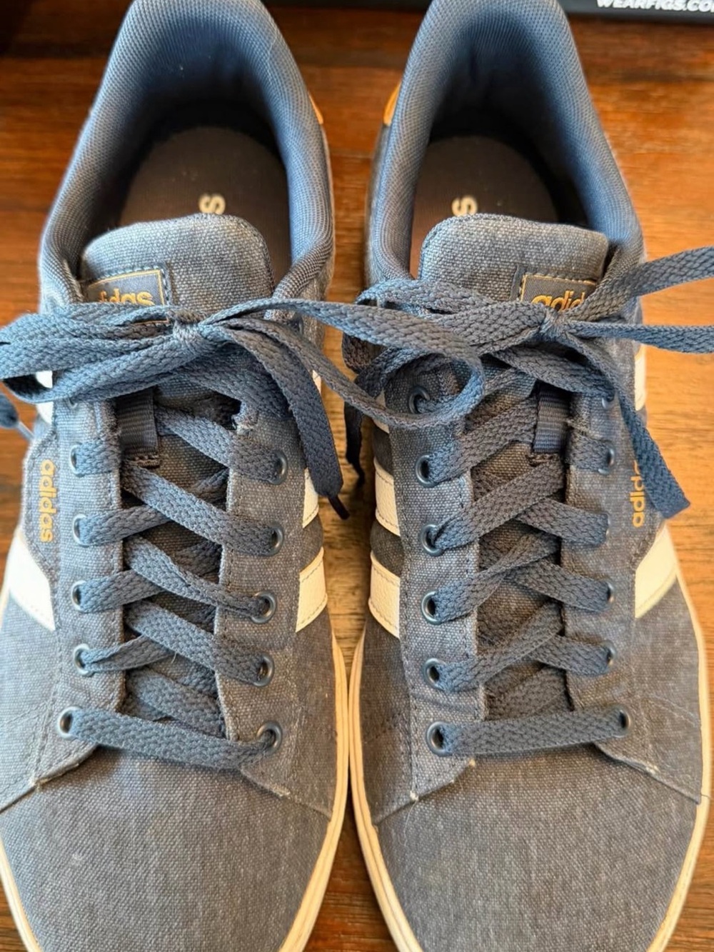 adidas Men’s Navy Canvas Sneakers with White Stripes and Gold Accents